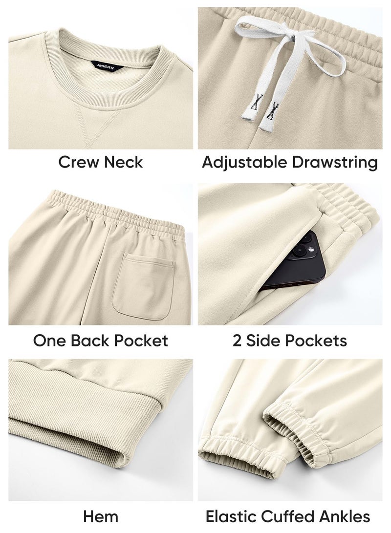 JMIERR 2 Piece Comfiest Airport Outfits Long Sleeve Crew Neck Essentials Pants Sweatshirt Joggers Sweatpants Track Suits Set Fall Casual Tracksuit Sweatsuits Couple Matching Sets, L, Beige - Image 5