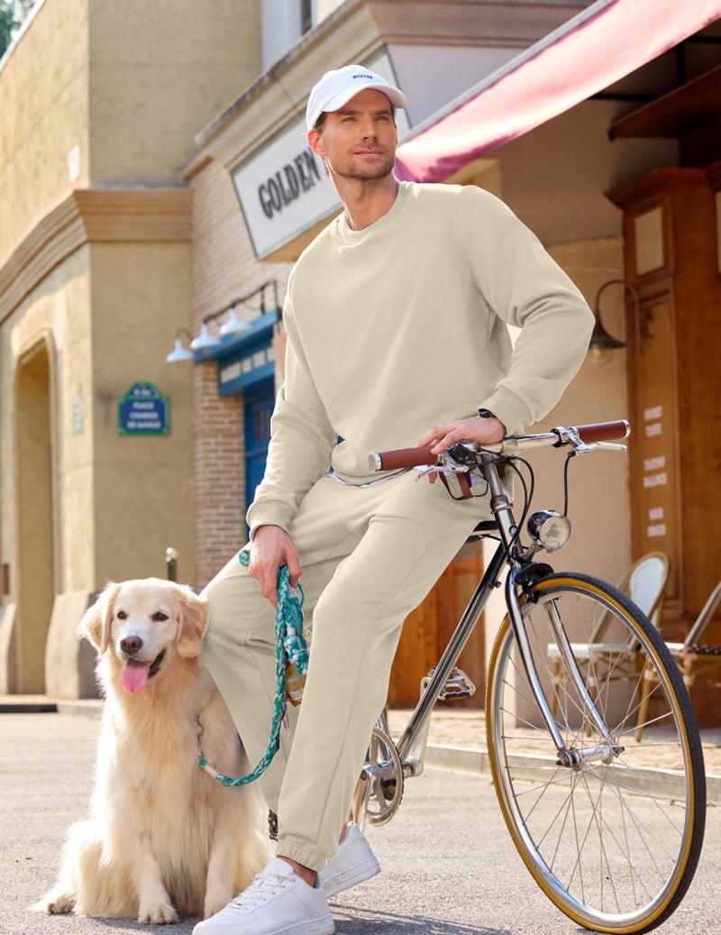 JMIERR 2 Piece Comfiest Airport Outfits Long Sleeve Crew Neck Essentials Pants Sweatshirt Joggers Sweatpants Track Suits Set Fall Casual Tracksuit Sweatsuits Couple Matching Sets, L, Beige - Image 4