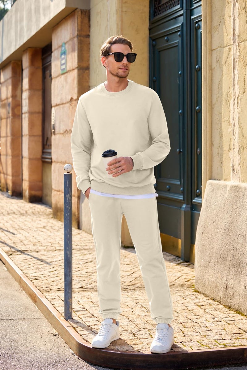 JMIERR 2 Piece Comfiest Airport Outfits Long Sleeve Crew Neck Essentials Pants Sweatshirt Joggers Sweatpants Track Suits Set Fall Casual Tracksuit Sweatsuits Couple Matching Sets, L, Beige - Image 3