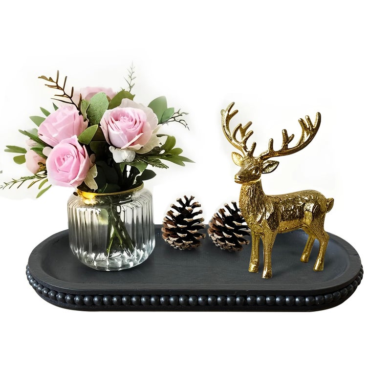 dwellington Wooden Farmhouse Decorative Tray, 12in Rustic Beaded Tray for Living Room Decor, Kitchen Table DÃ©cor, Oval Coffee Table Serving Tray (Black) - Image 1