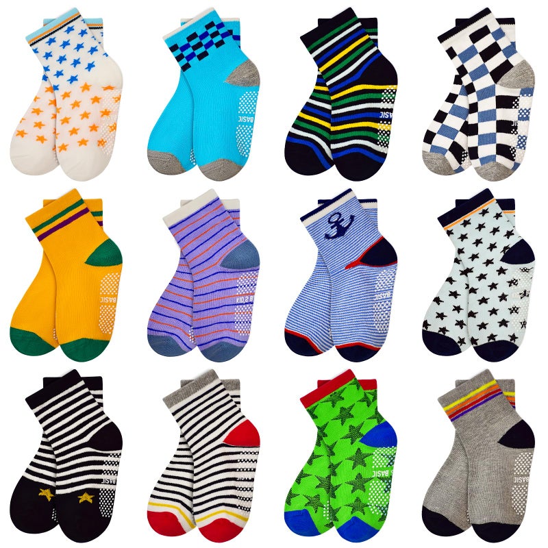 HYCLES Anti Slip Toddler Socks, 12 Pairs Non-Skid Cotton Grip Kid Socks for 3-5T Kids Boy Girl - Image 1