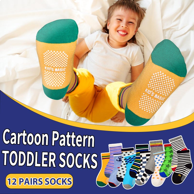 HYCLES Anti Slip Toddler Socks, 12 Pairs Non-Skid Cotton Grip Kid Socks for 3-5T Kids Boy Girl - Image 3