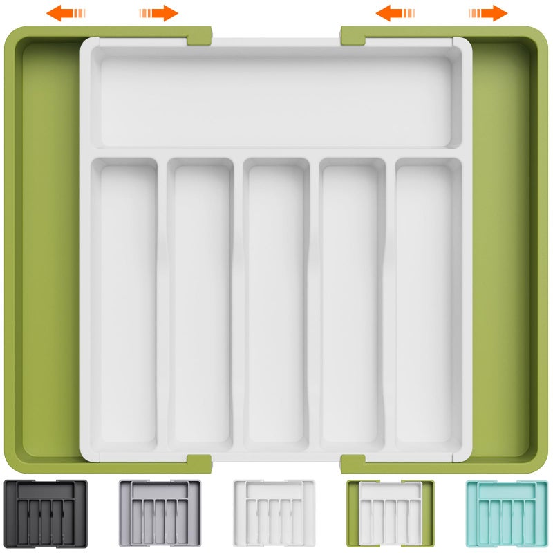 Lifewit Cutlery Drawer Organiser Large Extendable Cutlery Tray8 Compartment Kitchen Drawer Organiser Utensil Spoons Forks Knives GreenWhite