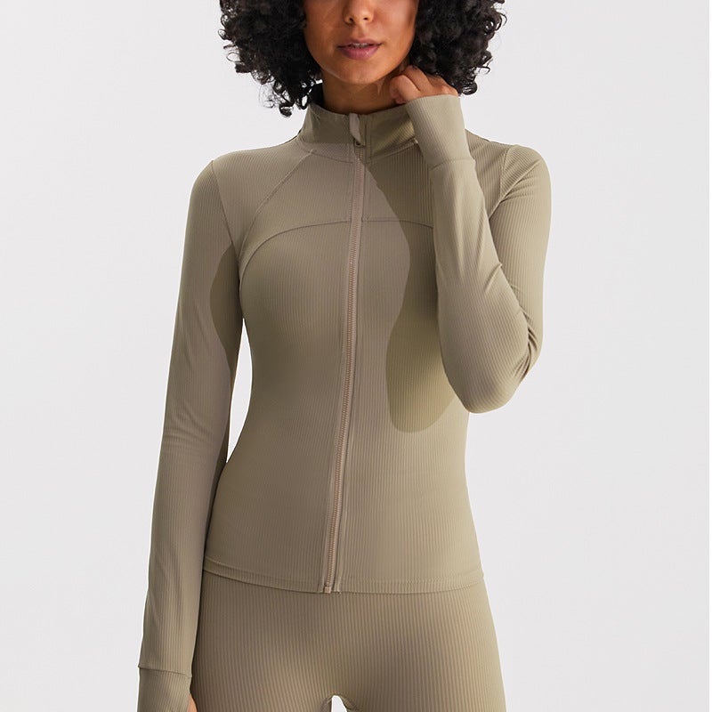 New Yoga jacket womens autumn and winter slim fit nude high elastic quick-drying fitness running training sweater sports top WT05 khaki