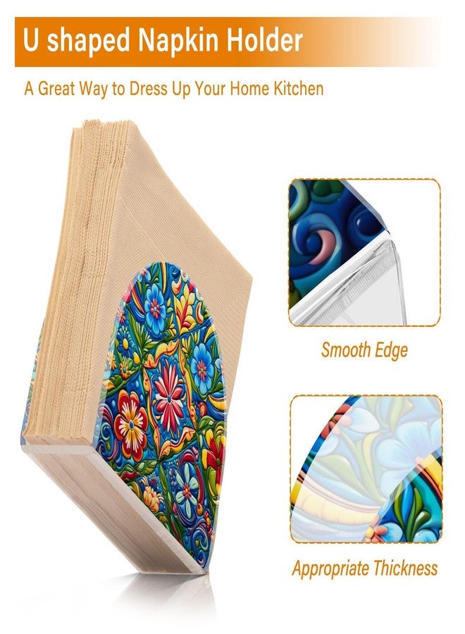 FLildon Napkin Holder Mexican Floral Ceramic Tile Napkin Holders for Tables, Clear Acrylic Napkin Holders Cocktail Napkin Holder for Kitchen Restaurant Bar Home Decor - Image 3