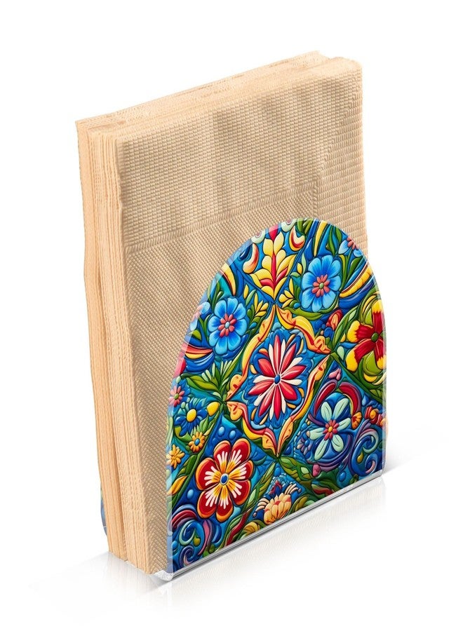 FLildon Napkin Holder Mexican Floral Ceramic Tile Napkin Holders for Tables, Clear Acrylic Napkin Holders Cocktail Napkin Holder for Kitchen Restaurant Bar Home Decor - Image 1