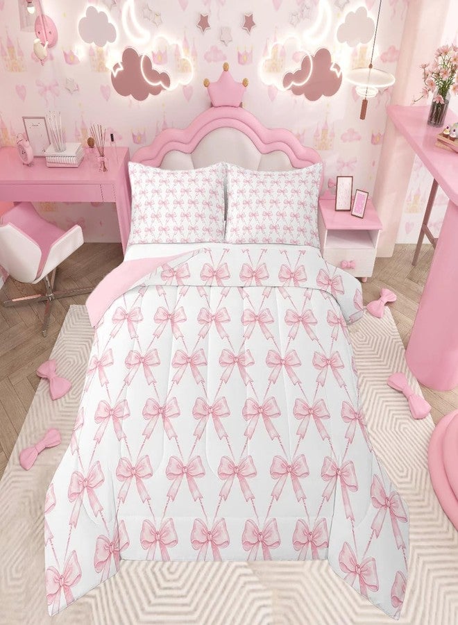 Feelyou Bow Bedding Set Boys Girls Full Size Pink Girls Bow Comforter Set for Kids Women Men Ultra Soft Cute Bowknot Duvet Quilt Kawaii Room Decor - Image 1