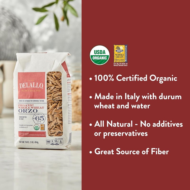DeLallo Organic Whole Wheat Orzo Pasta - 16 oz (Pack of 2) - Image 3