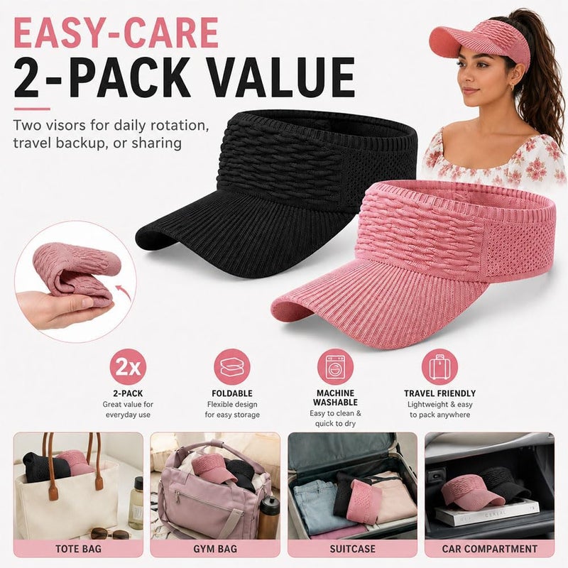 2-Pack Sun Women's Visor Hat Wide Brim Open-Top UV Protection | Foldable & Machine Washable, Elastic Rear Band, Sweat-Wicking Knit, High Ponytail Friendly, Outdoor Sports & Beach - Image 4