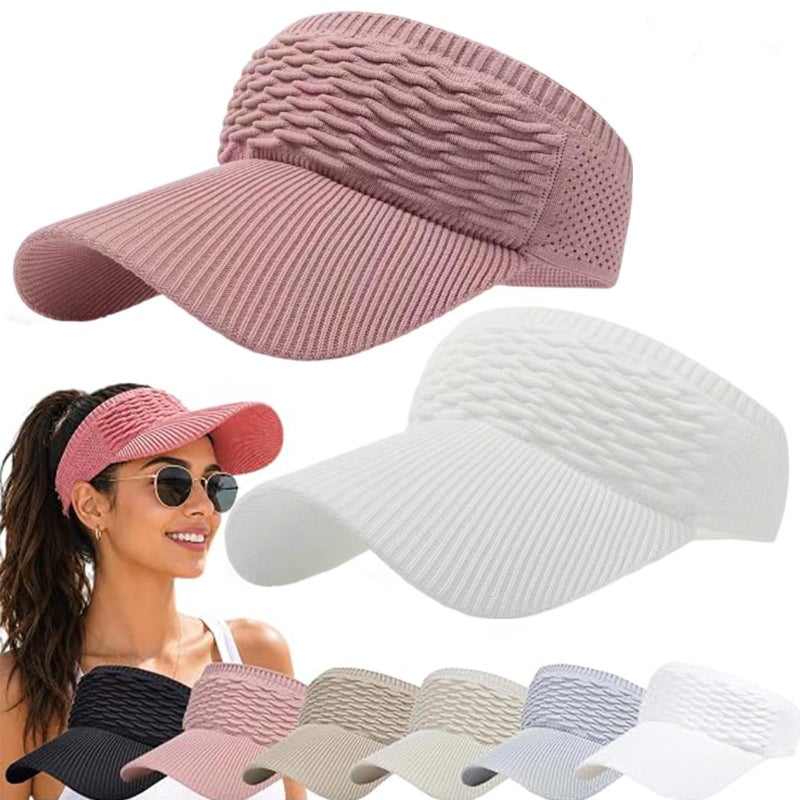 2-Pack Sun Women's Visor Hat Wide Brim Open-Top UV Protection | Foldable & Machine Washable, Elastic Rear Band, Sweat-Wicking Knit, High Ponytail Friendly, Outdoor Sports & Beach - Image 1