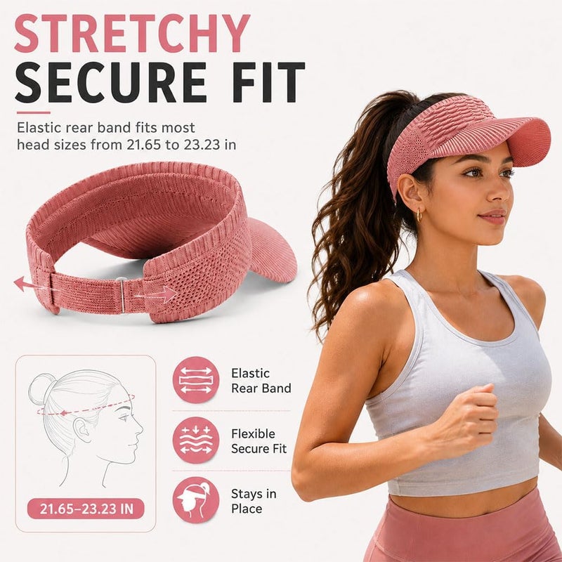 2-Pack Sun Women's Visor Hat Wide Brim Open-Top UV Protection | Foldable & Machine Washable, Elastic Rear Band, Sweat-Wicking Knit, High Ponytail Friendly, Outdoor Sports & Beach - Image 5