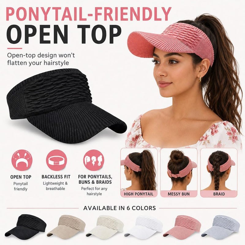 2-Pack Sun Women's Visor Hat Wide Brim Open-Top UV Protection | Foldable & Machine Washable, Elastic Rear Band, Sweat-Wicking Knit, High Ponytail Friendly, Outdoor Sports & Beach - Image 3