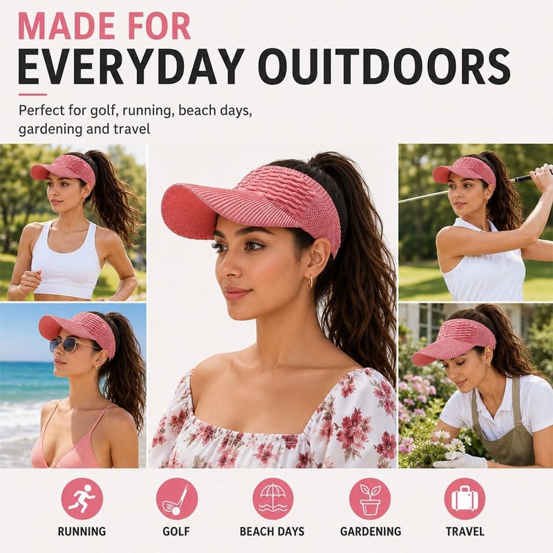 2-Pack Sun Women's Visor Hat Wide Brim Open-Top UV Protection | Foldable & Machine Washable, Elastic Rear Band, Sweat-Wicking Knit, High Ponytail Friendly, Outdoor Sports & Beach - Image 2
