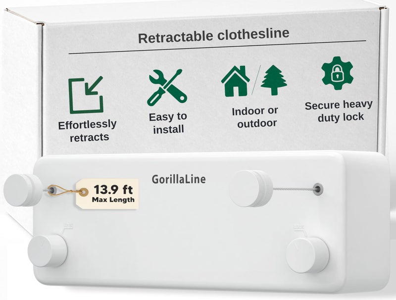 GorillaLine  Retractable Clothesline Indoor Outdoor Clothes Line  Heavy Duty Clothes Drying Laundry Line  Wall Mounted Drying Rack  Air Dry Clothing