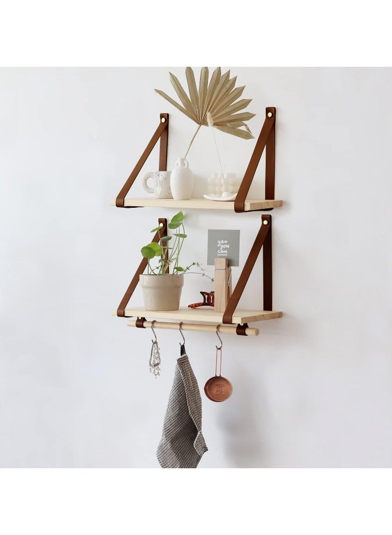 Home Gallery PU Brown Leather Strap Wall Floating Shelves Biege  - Image 1