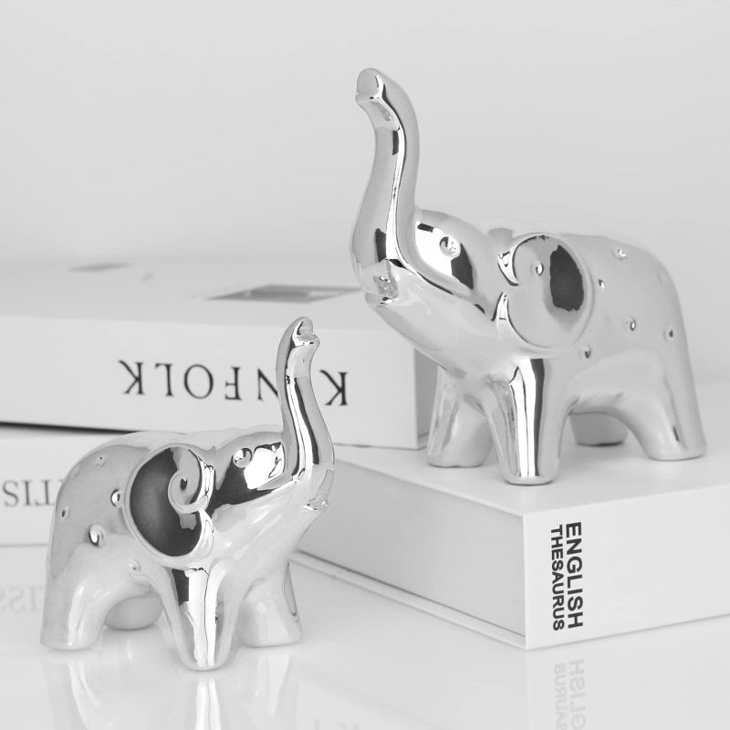 prosfalt A Pair Elephant Statue Home DecorModern Style FigurinesSculpture for Office Desktop Bookshelf Living Room Ceramics Silver