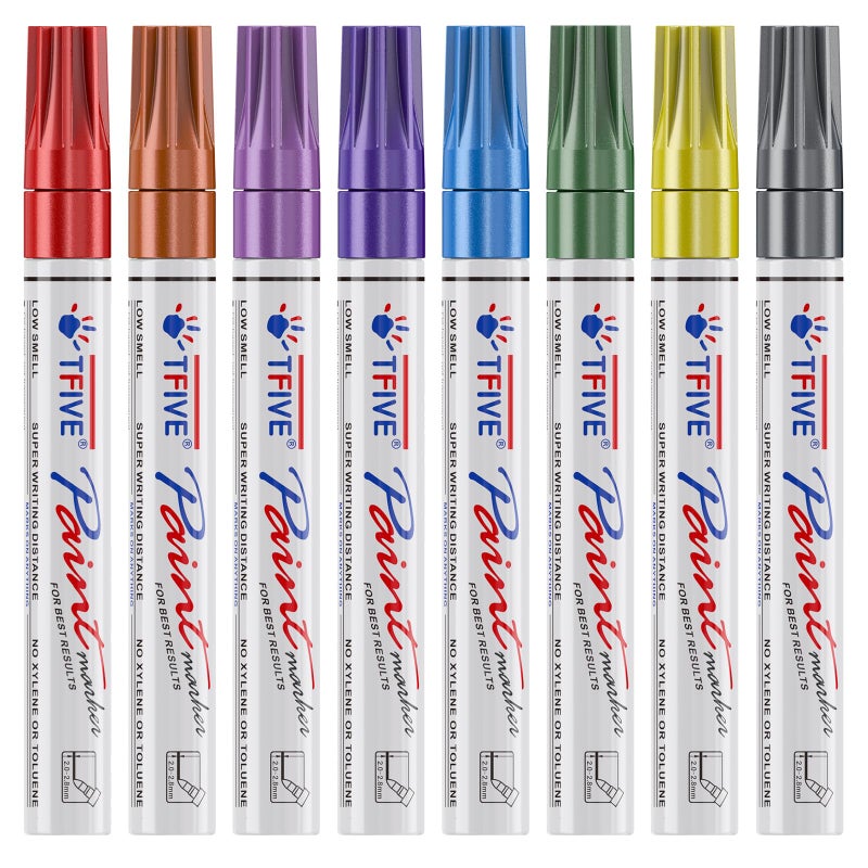 TFIVE Metallic Paint Markers - 8 Colors Oil Based Permanent Paint Pens, Waterproof, Non-Toxic, Medium Tip Metallic Markers for Black Paper, Metal, Glass, Rock, Plastic, Wood, Canvas, Ceramic, Pumpkin - Image 1