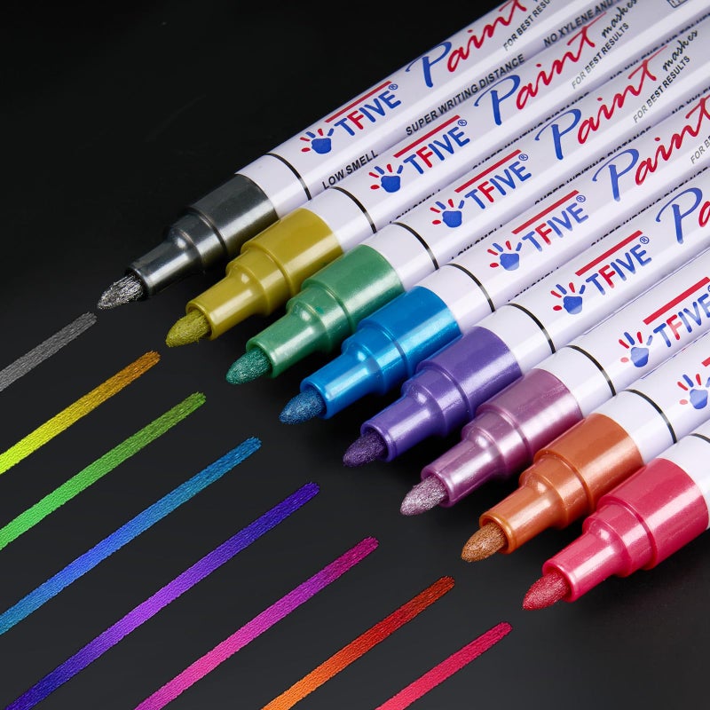 TFIVE Metallic Paint Markers - 8 Colors Oil Based Permanent Paint Pens, Waterproof, Non-Toxic, Medium Tip Metallic Markers for Black Paper, Metal, Glass, Rock, Plastic, Wood, Canvas, Ceramic, Pumpkin - Image 2