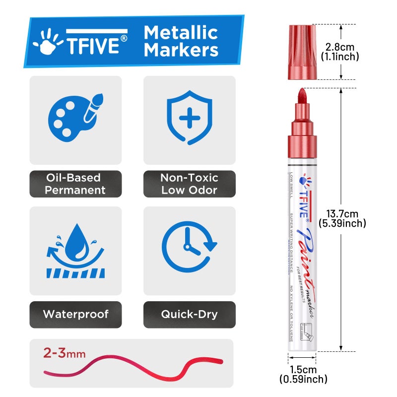 TFIVE Metallic Paint Markers - 8 Colors Oil Based Permanent Paint Pens, Waterproof, Non-Toxic, Medium Tip Metallic Markers for Black Paper, Metal, Glass, Rock, Plastic, Wood, Canvas, Ceramic, Pumpkin - Image 3