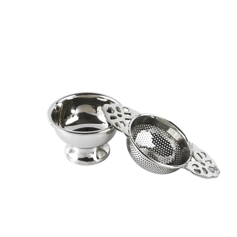 Makaibari Tea Strainer Silver with Drip Bowl Premium Brass Perfect for Long Leaf Teas Stylish and Minimal - Image 2