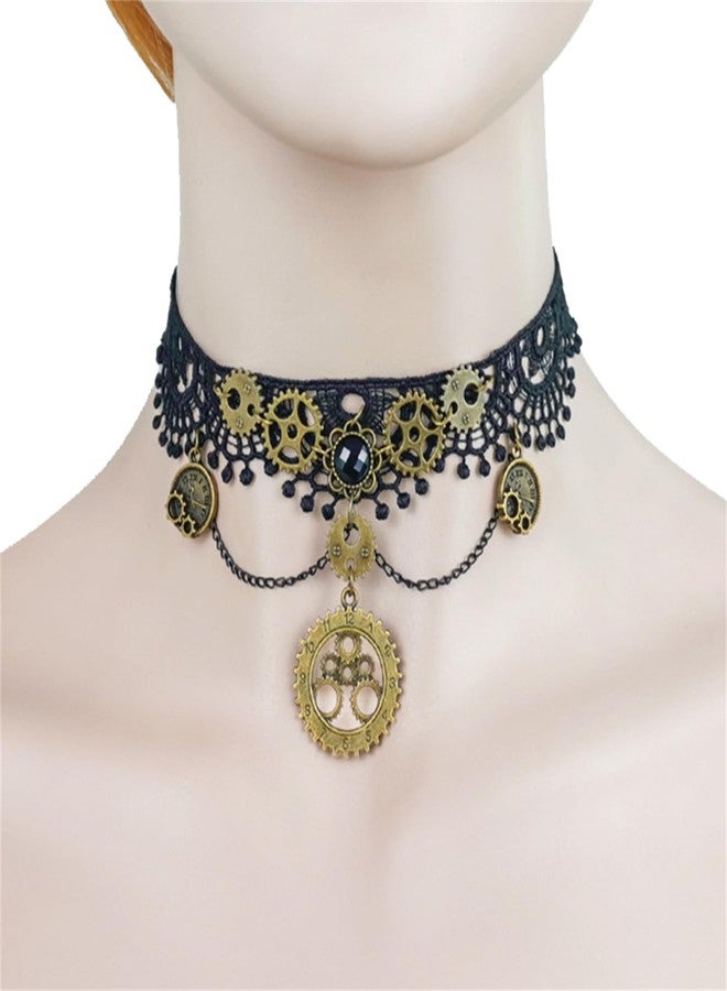 RLHRNDE Steam Punk Lace Necklace for Women Handmade Lolita Victorian Retro Gear Clock Choker Cross Pendant Necklace Halloween Gothic Costume Party (Gear) - Image 1