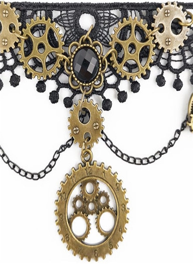 RLHRNDE Steam Punk Lace Necklace for Women Handmade Lolita Victorian Retro Gear Clock Choker Cross Pendant Necklace Halloween Gothic Costume Party (Gear) - Image 3