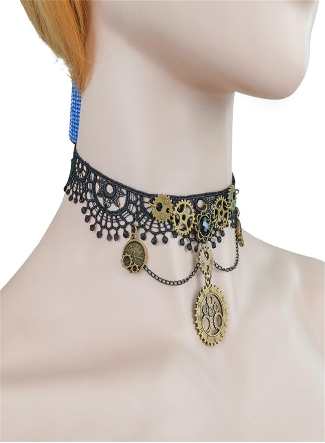 RLHRNDE Steam Punk Lace Necklace for Women Handmade Lolita Victorian Retro Gear Clock Choker Cross Pendant Necklace Halloween Gothic Costume Party (Gear) - Image 2