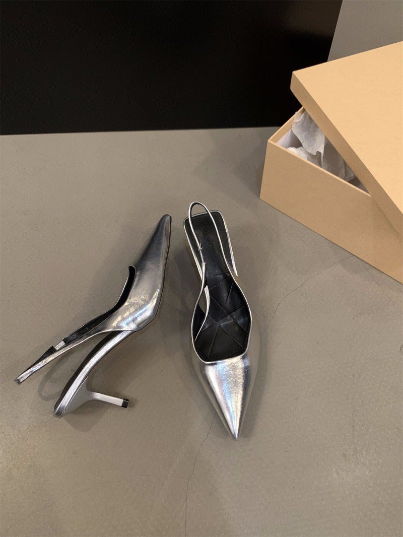 Silver Pointed Toe Heeled Sandals 2024 Spring Summer Silver