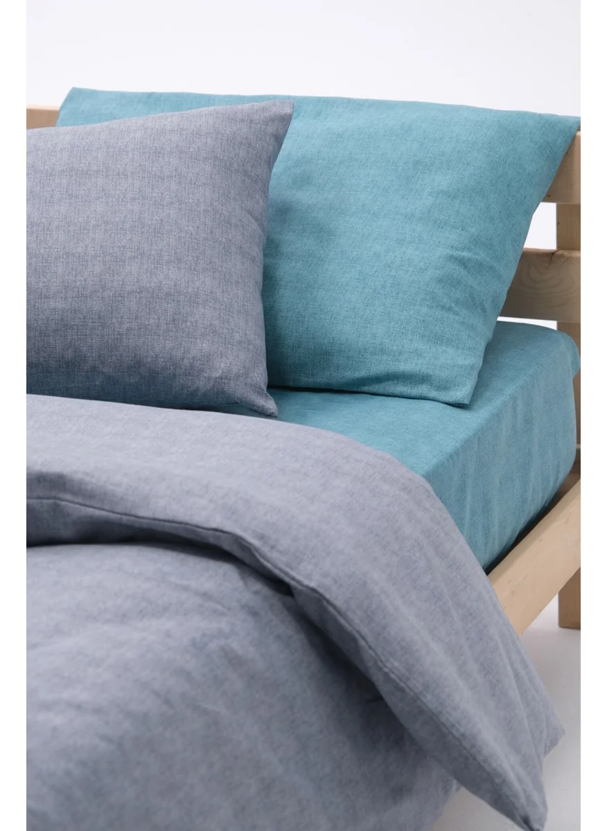 Favora Patterned Cotton Single Duvet Cover Set with Elastic Sheets - Gray - Turquoise