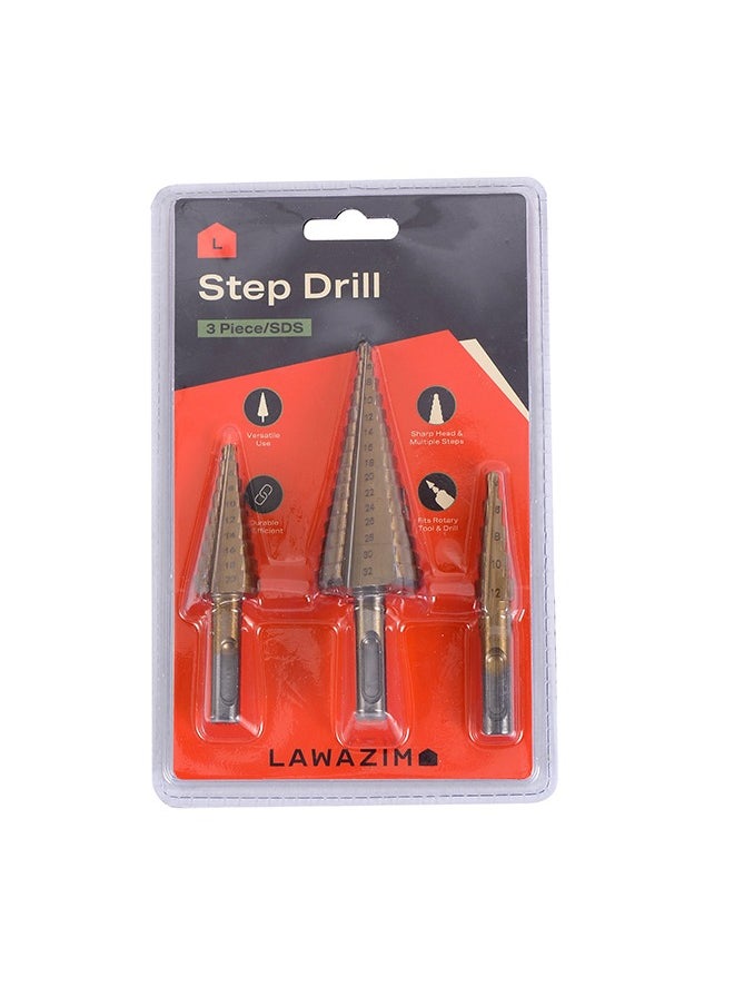 LAWAZIM - Step Drill SDS - 3 Piece - Stepper Cone Drill Bits (4 to 32mm) with Multi-Size Steps, Engraved Markings, Secure SDS Shank - for Metal, Wood, Plastic, Construction, Electrical Work, Automotive - Image 1