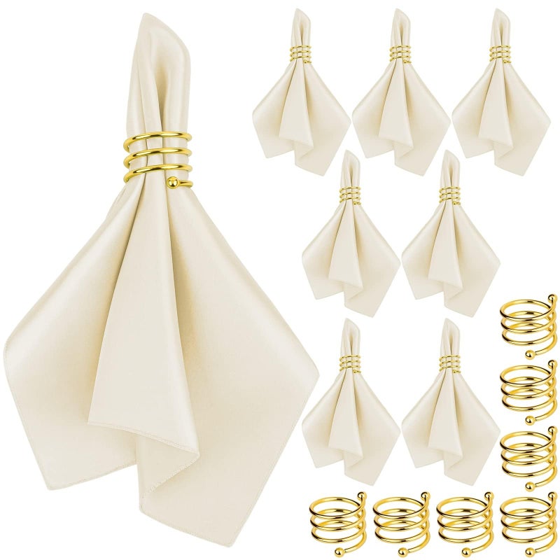 MCEAST MCEAST Satin Cloth Napkins and Napkin Rings Set of 8 Smooth Fabric Table Napkins and Napkin Holder for Wedding Birthday Dinner Party Family Gatherings Table Decor Ivory 17 x 17 Inches