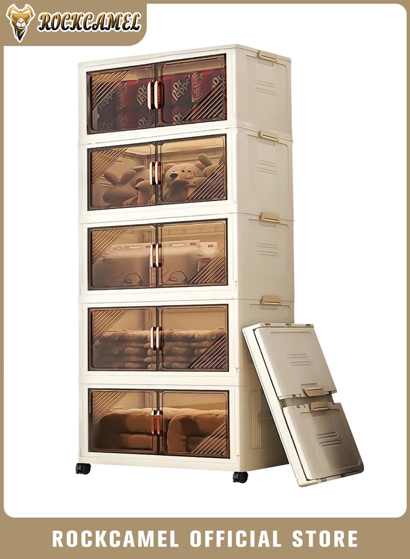 ROCKCAMEL Folding Storage Cabinet with Clear Doors 60cm Wide, 5 Tier Stackable Storage Bins with Lids and Wheels, Collapsible Closet Organizer, Toy Storage Box, Snacks Locker, Bookcase (White, 60x27x130cm) - Image 1