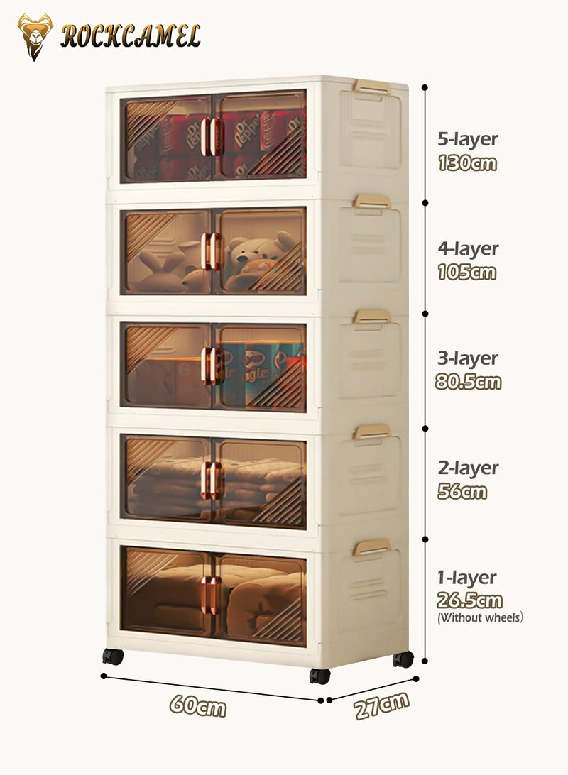 ROCKCAMEL Folding Storage Cabinet with Clear Doors 60cm Wide, 5 Tier Stackable Storage Bins with Lids and Wheels, Collapsible Closet Organizer, Toy Storage Box, Snacks Locker, Bookcase (White, 60x27x130cm) - Image 3