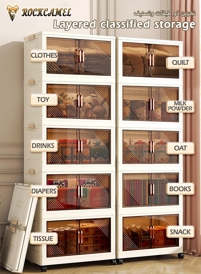 ROCKCAMEL Folding Storage Cabinet with Clear Doors 60cm Wide, 5 Tier Stackable Storage Bins with Lids and Wheels, Collapsible Closet Organizer, Toy Storage Box, Snacks Locker, Bookcase (White, 60x27x130cm) - Image 5