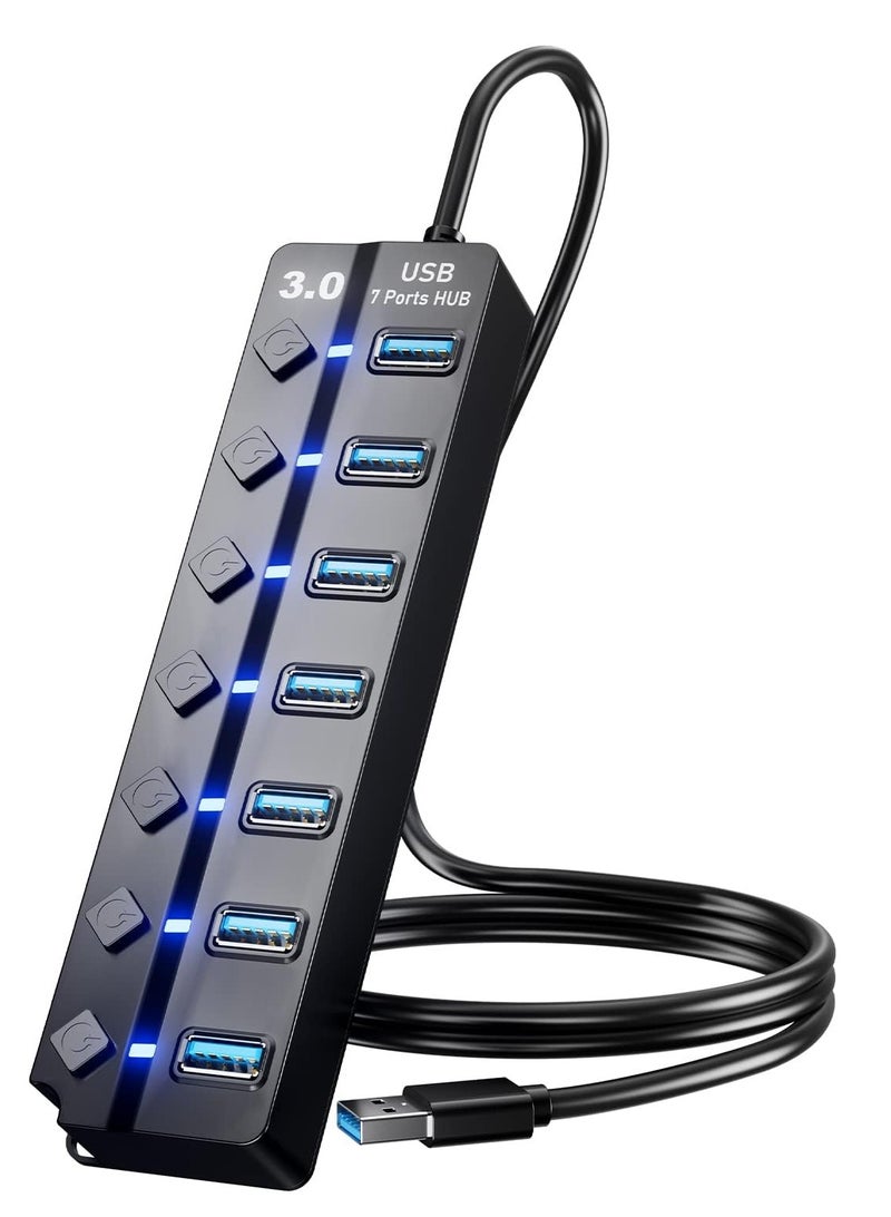 general USB 3.0 Hub, PANPEO 7-Port USB Data Hub Splitter with 3ft Long Cable USB Extension for Laptop,PC Computer,Surface Pro, PS4/5, Flash Drive, Mobile HDD - with LED Individual On/Off - Image 1