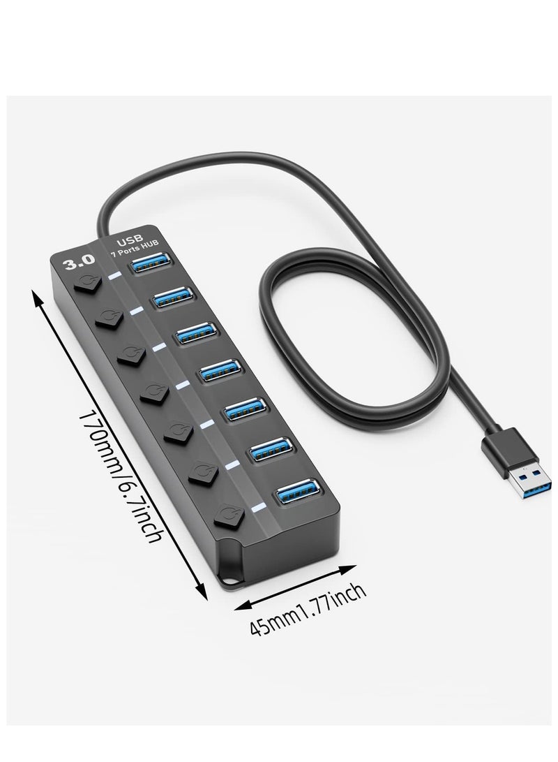general USB 3.0 Hub, PANPEO 7-Port USB Data Hub Splitter with 3ft Long Cable USB Extension for Laptop,PC Computer,Surface Pro, PS4/5, Flash Drive, Mobile HDD - with LED Individual On/Off - Image 2