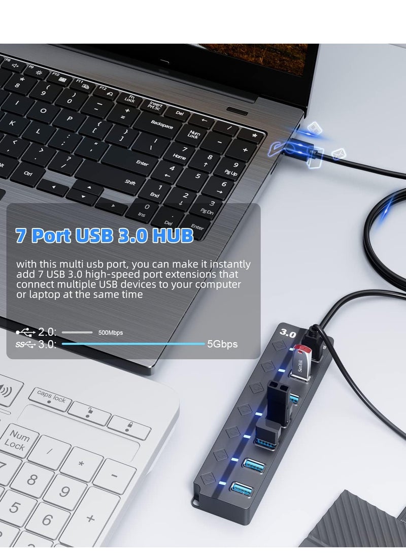 general USB 3.0 Hub, PANPEO 7-Port USB Data Hub Splitter with 3ft Long Cable USB Extension for Laptop,PC Computer,Surface Pro, PS4/5, Flash Drive, Mobile HDD - with LED Individual On/Off - Image 3