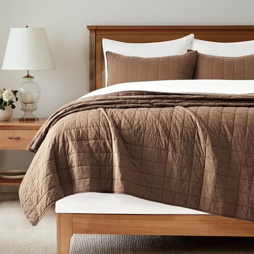 EVERGRACEHOME 100% Cotton Box Stitch Quilt Bedding Set King Size 3 Pieces, Garment-Washed Lightweight Soft Cozy Coverlet, Oversized Quilted Bedspread Sets with 2 Shams for All Season, Sienna Brown - Image 1