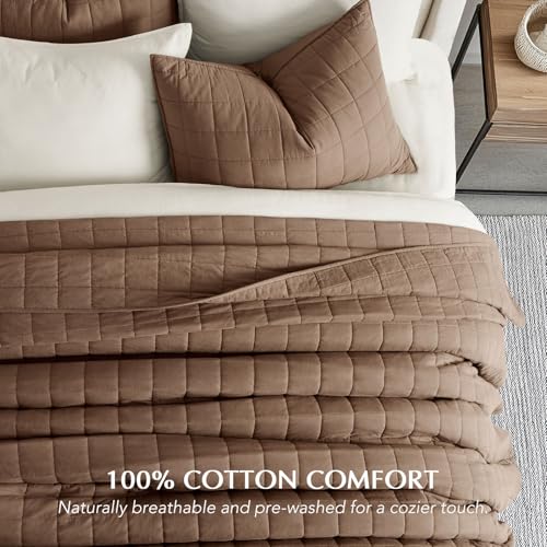 EVERGRACEHOME 100% Cotton Box Stitch Quilt Bedding Set King Size 3 Pieces, Garment-Washed Lightweight Soft Cozy Coverlet, Oversized Quilted Bedspread Sets with 2 Shams for All Season, Sienna Brown - Image 2