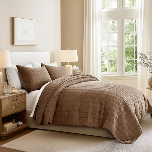 EVERGRACEHOME 100% Cotton Box Stitch Quilt Bedding Set King Size 3 Pieces, Garment-Washed Lightweight Soft Cozy Coverlet, Oversized Quilted Bedspread Sets with 2 Shams for All Season, Sienna Brown - Image 5