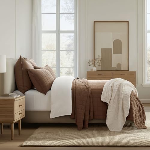 EVERGRACEHOME 100% Cotton Box Stitch Quilt Bedding Set King Size 3 Pieces, Garment-Washed Lightweight Soft Cozy Coverlet, Oversized Quilted Bedspread Sets with 2 Shams for All Season, Sienna Brown - Image 4