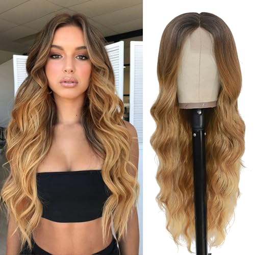 NAYOO Long Honey Blonde Wavy Wig for Women 26 Inch Middle Part Curly Wavy Wig Natural Looking Synthetic Heat Resistant Fiber for Daily Party Use - Image 1