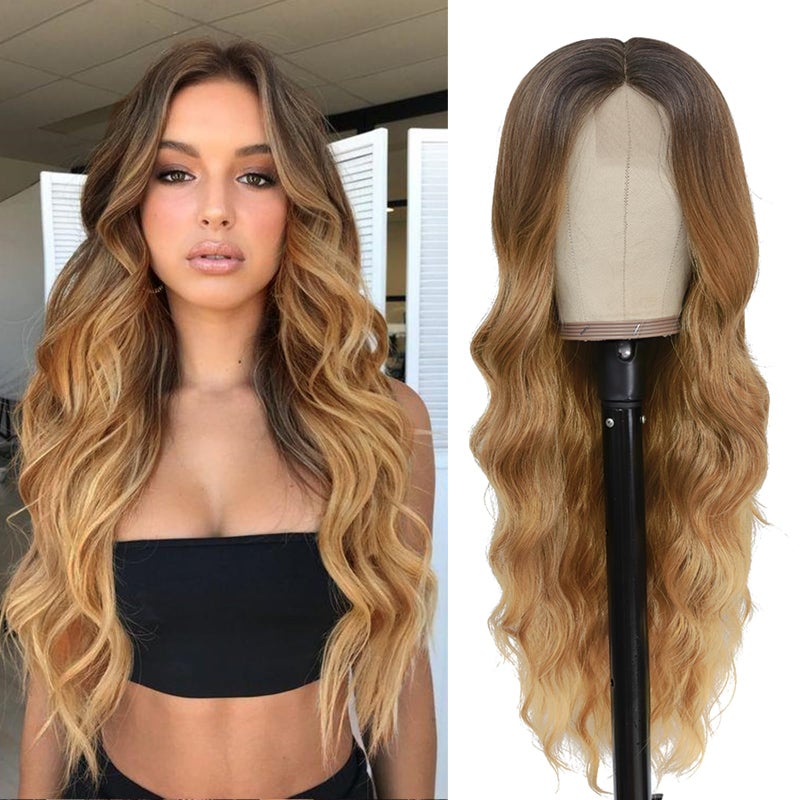 NAYOO Long Honey Blonde Wavy Wig for Women 26 Inch Middle Part Curly Wavy Wig Natural Looking Synthetic Heat Resistant Fiber for Daily Party Use - Image 2