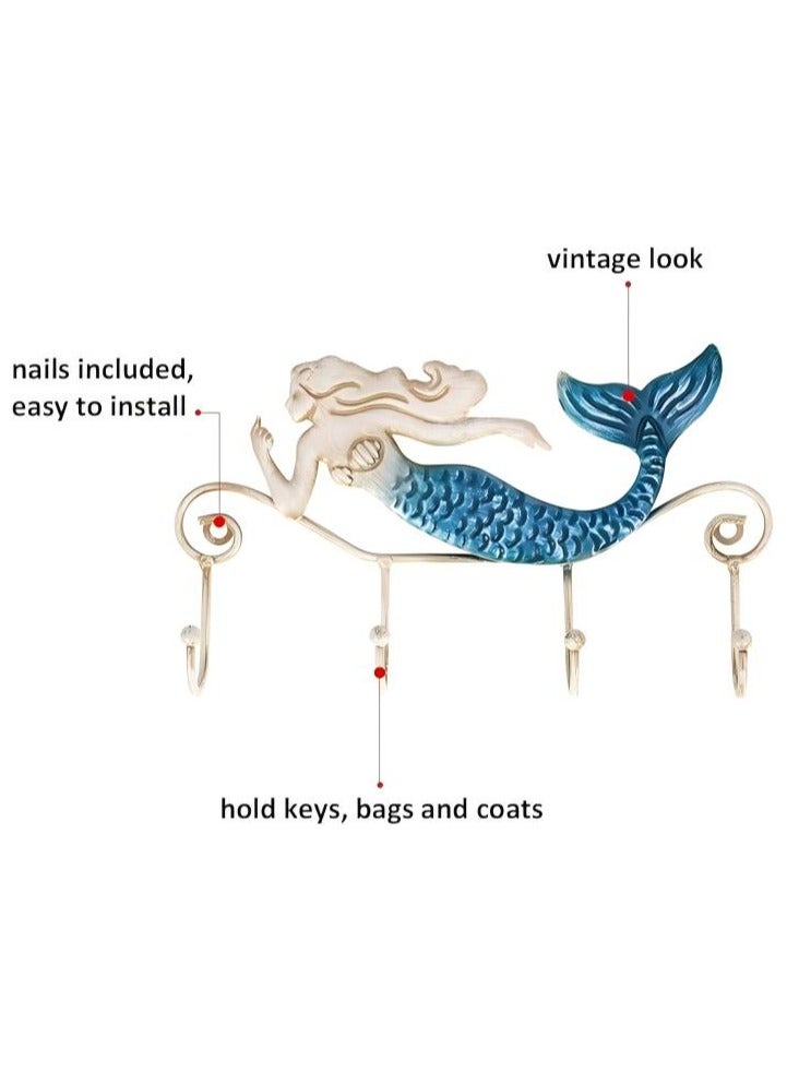 Key Holder for Wall, Iron Mermaid Wall Decoration With 4 Hooks for Coats Towels Bags, Wall Mount Clothes Holder for Bags, Coats, Umbrella - Image 4