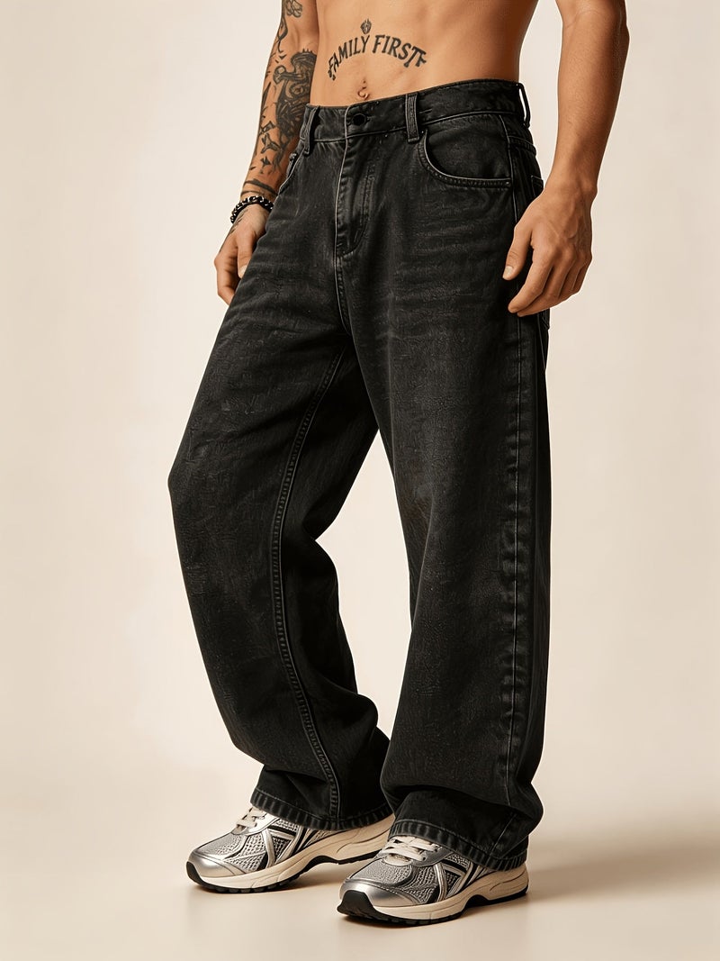 Men'S Gray Washed Jeans – Loose Fit, High-Strength Denim Material, Buckle-Free Button Closure Design, Casual Style Suitable for All Seasons - Image 3