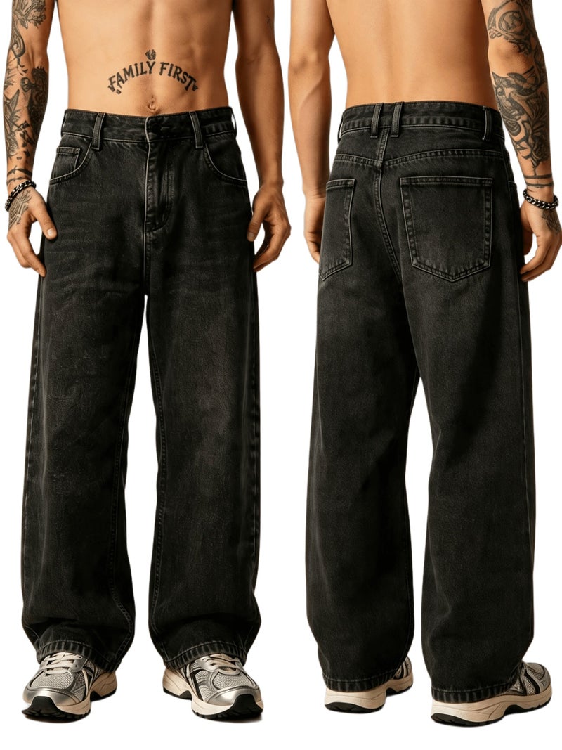 Men'S Gray Washed Jeans – Loose Fit, High-Strength Denim Material, Buckle-Free Button Closure Design, Casual Style Suitable for All Seasons - Image 1