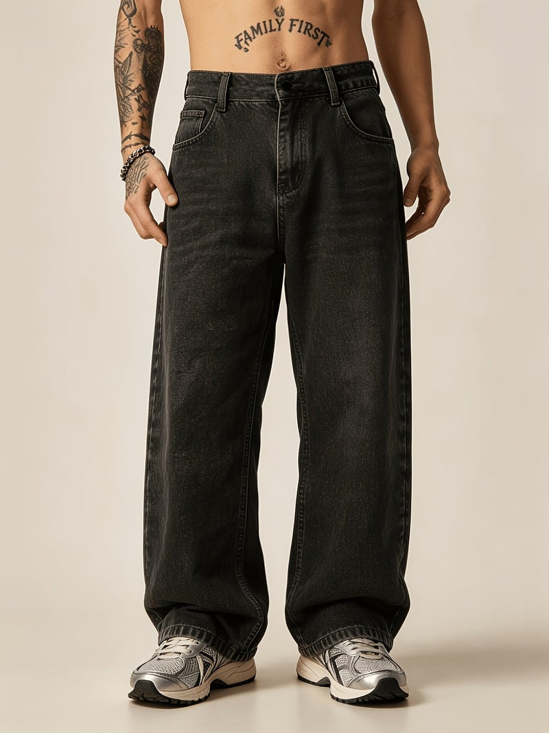 Men'S Gray Washed Jeans – Loose Fit, High-Strength Denim Material, Buckle-Free Button Closure Design, Casual Style Suitable for All Seasons - Image 4