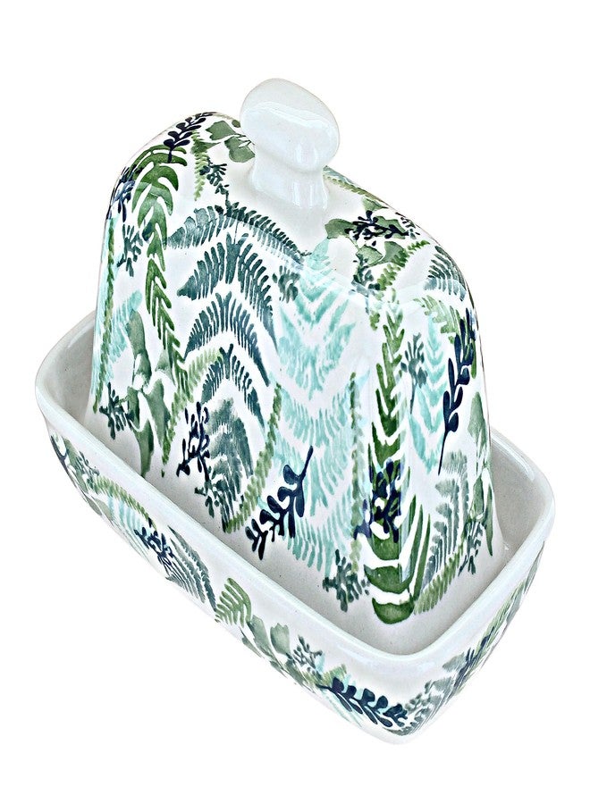 Blue Rose Polish Pottery - Green Woodland Fern Butter Dish - Fits 1 Stick - Butter Dish for Countertop Organization and Storage