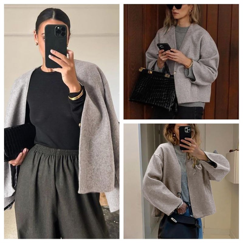 HOTIAN Women Cropped Wool Blend Coats Long Sleeve Coat Jacket Peacoat Fall Winter Outwear Overcoat(Beige,M) - Image 5