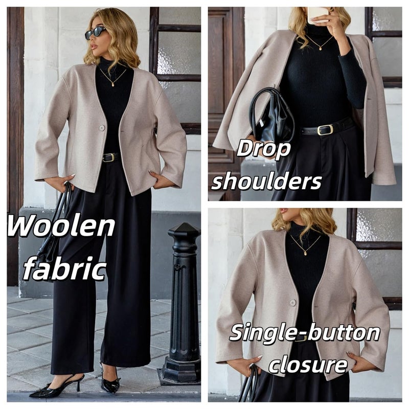 HOTIAN Women Cropped Wool Blend Coats Long Sleeve Coat Jacket Peacoat Fall Winter Outwear Overcoat(Beige,M) - Image 3